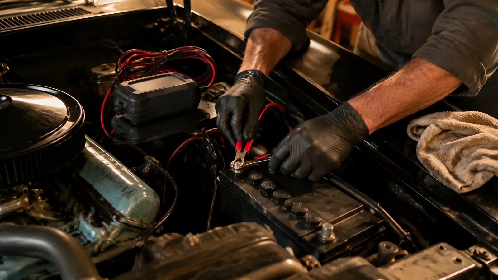 Hands clipping ring terminal leads onto a clean battery post inside a classic car's engine bay, a coiled charge lead nearby
