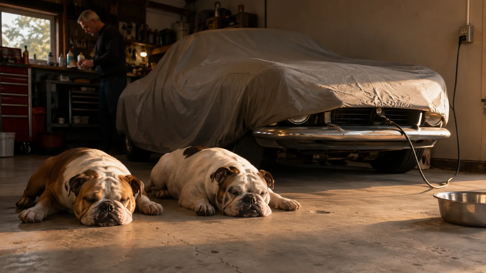 Two bulldogs stretched on a garage floor while a covered classic coupe sits behind them with a power lead running to its grille
