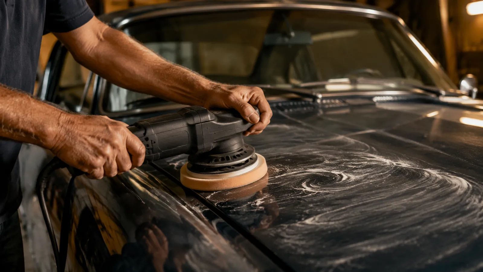 A pair of hands guiding a dual action polisher with a foam pad across a classic car hood, compound residue on the paint