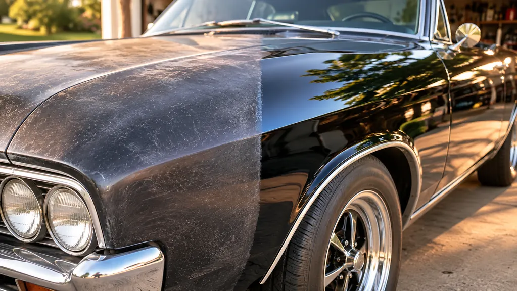 A split view of a classic car fender, one side dull and faded and the other side glossy and freshly polished, warm natural light