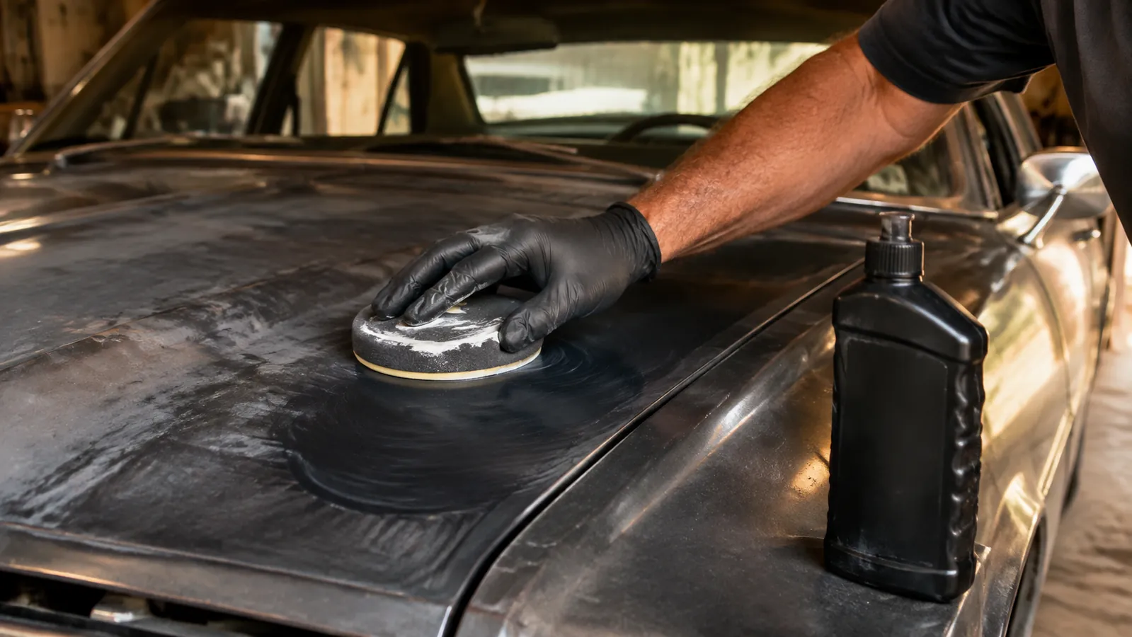 A gloved hand pressing a round foam applicator pad loaded with compound against a faded car hood