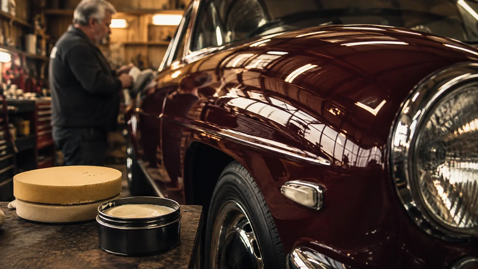 A freshly compounded classic car fender reflecting the ceiling of a garage in a sharp, clean reflection