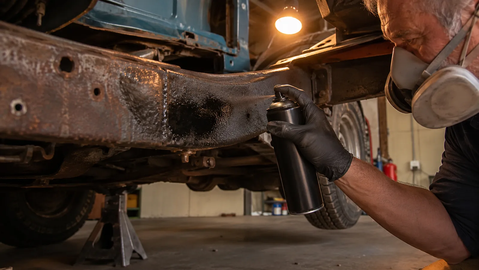 A gloved hand spraying rust reformer onto a wire-wheeled patch of frame rail in a garage, dust mask on the person