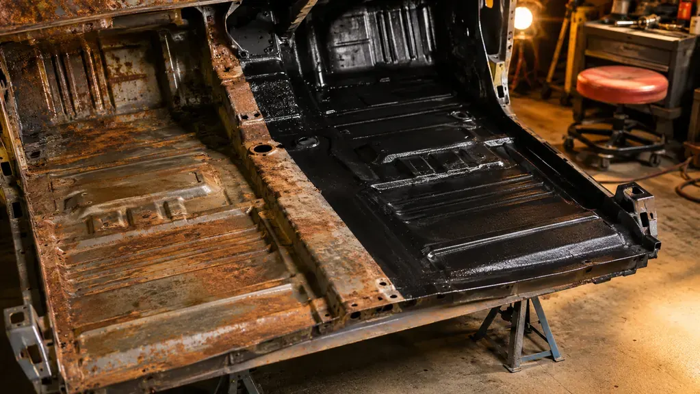 Close view of a car floor pan on jack stands, one side bare wire-wheeled steel and the other side coated in a flat black rust treatment