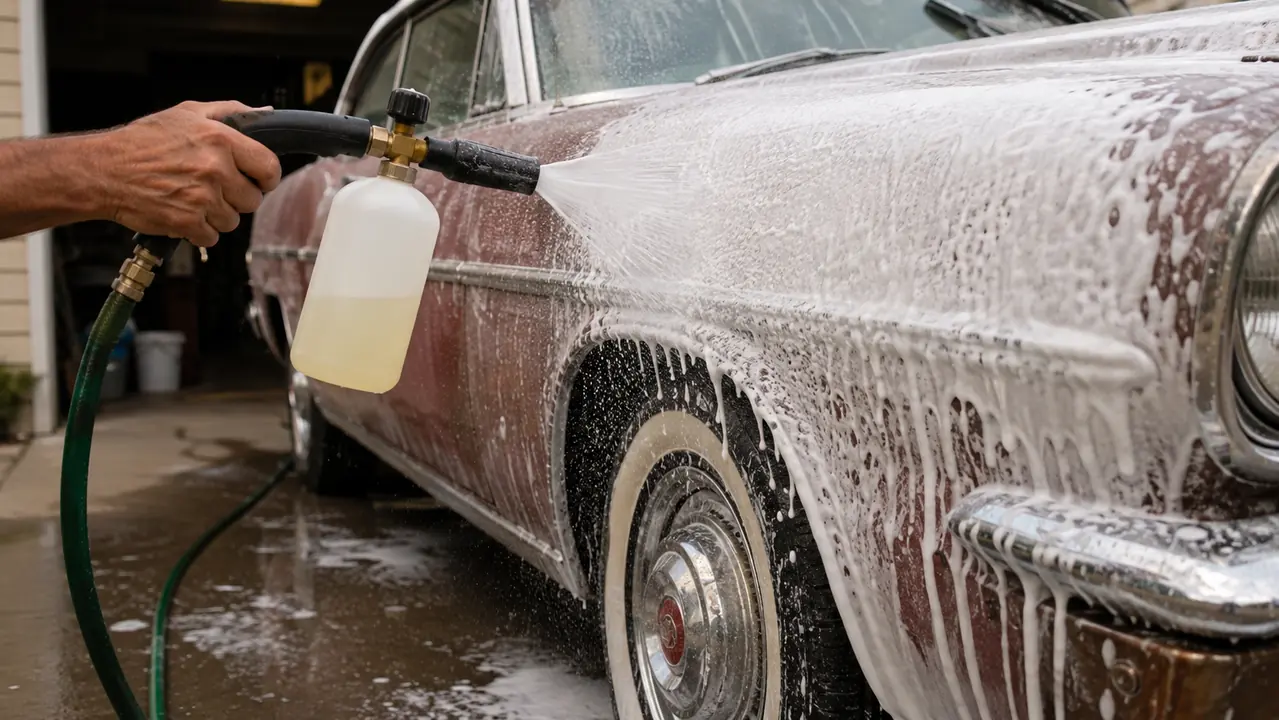 A hand steadying a foam cannon as it lays a blanket of thick foam down over a faded fender with a garden hose behind it