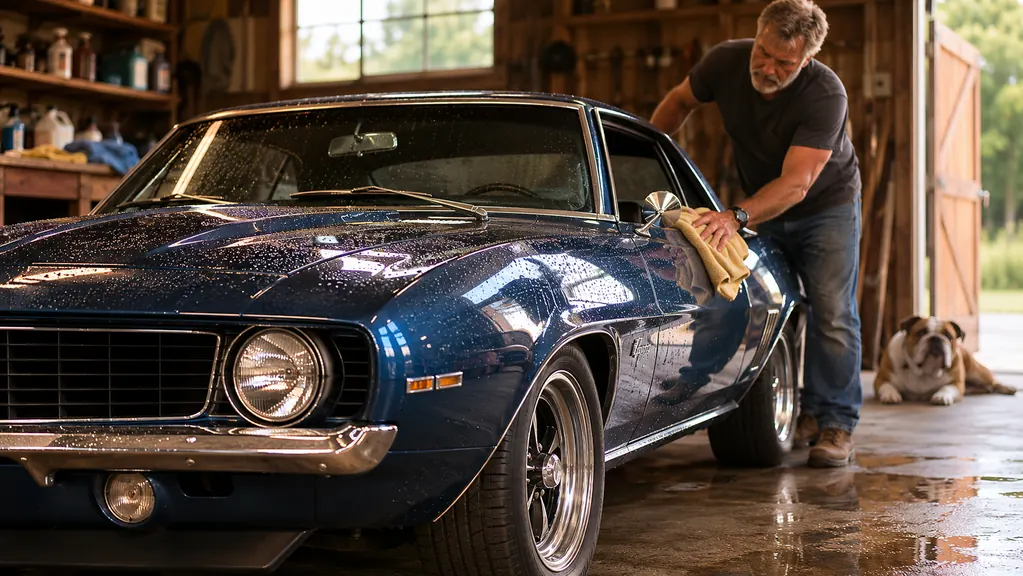 A freshly washed classic car drying in a softly lit garage beside a wooden workbench with water beading across its hood
