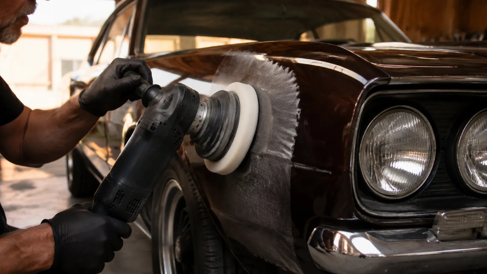 A hand guiding a dual action polisher with white foam pad against the panel of a classic car