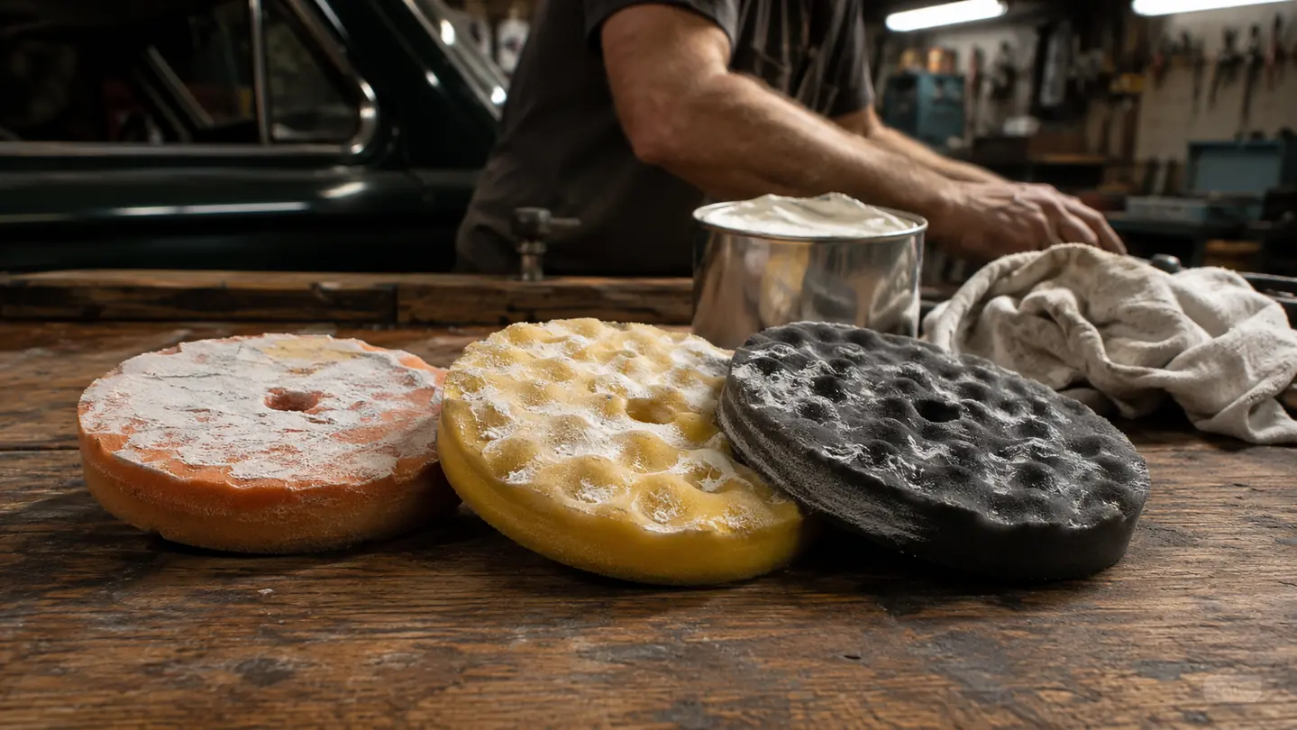 Three used polishing pads laid out on a workbench with dried compound residue on them
