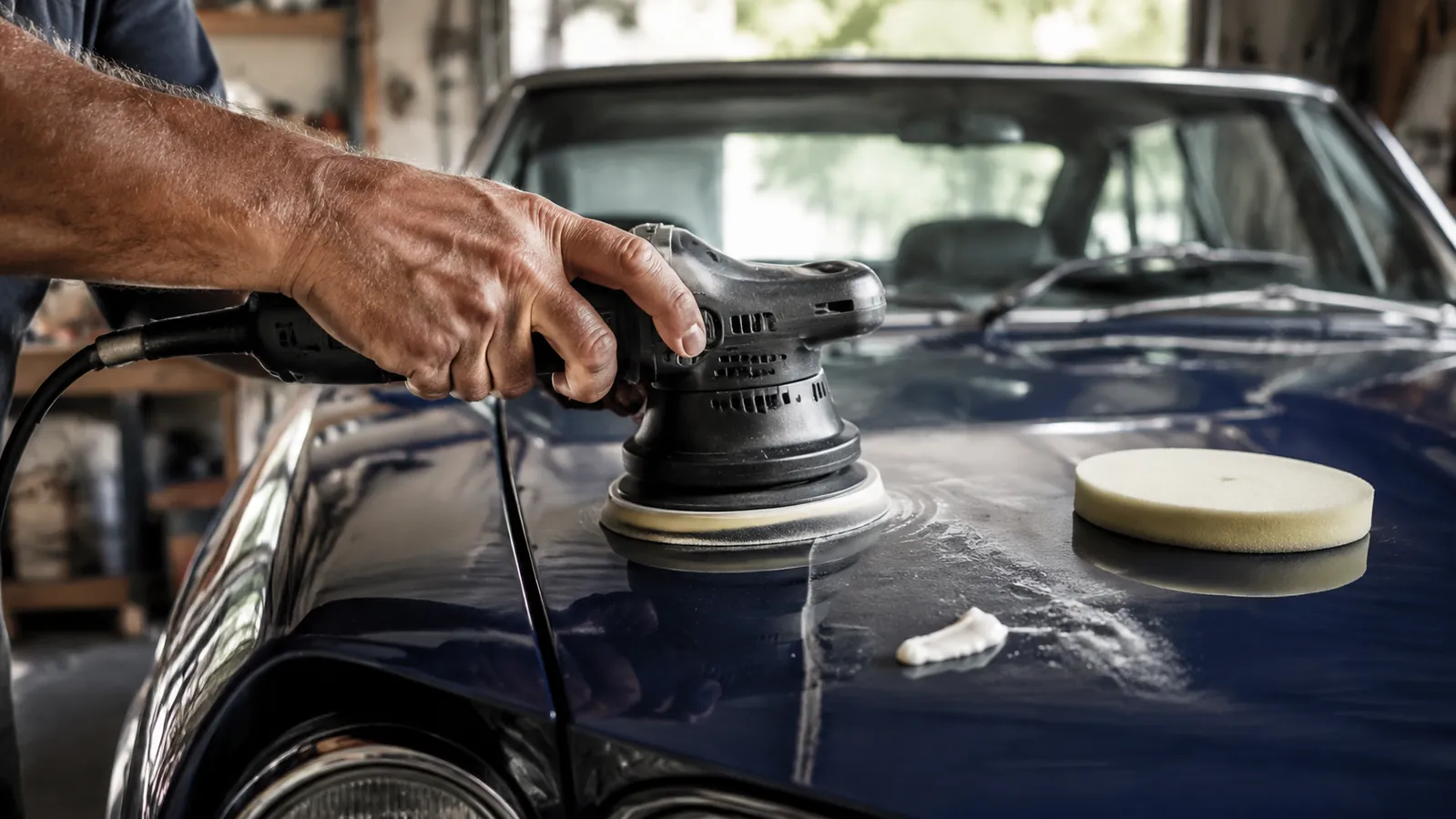 A hand guiding a dual action polisher with a foam pad across the flat surface of a car hood