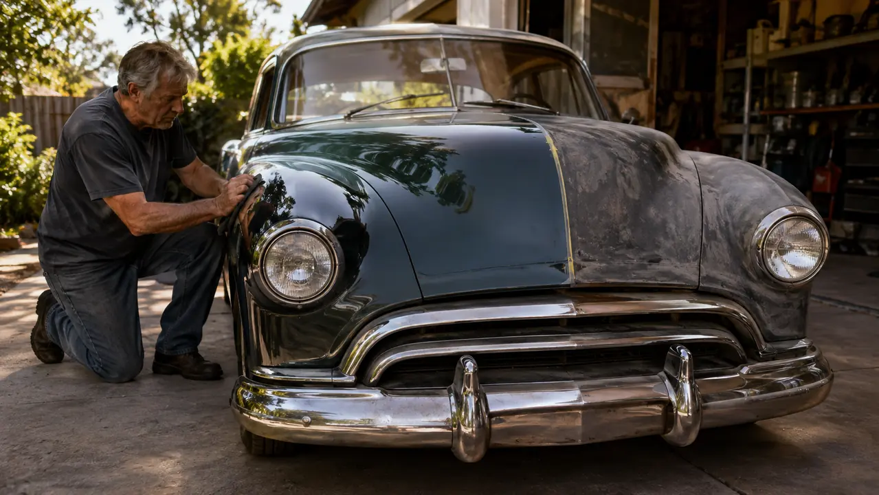 A classic car with one freshly polished fender and one faded chalky fender, showing the difference