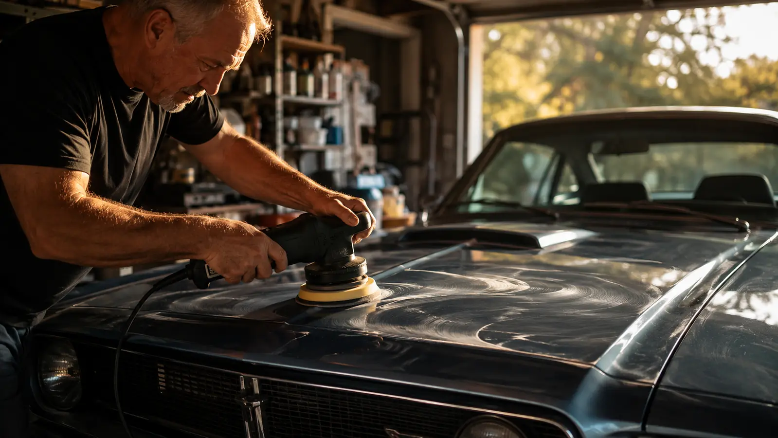A person using a dual action polisher on the hood of an old car, foam pad on the paint, compound residue visible, late afternoon garage light