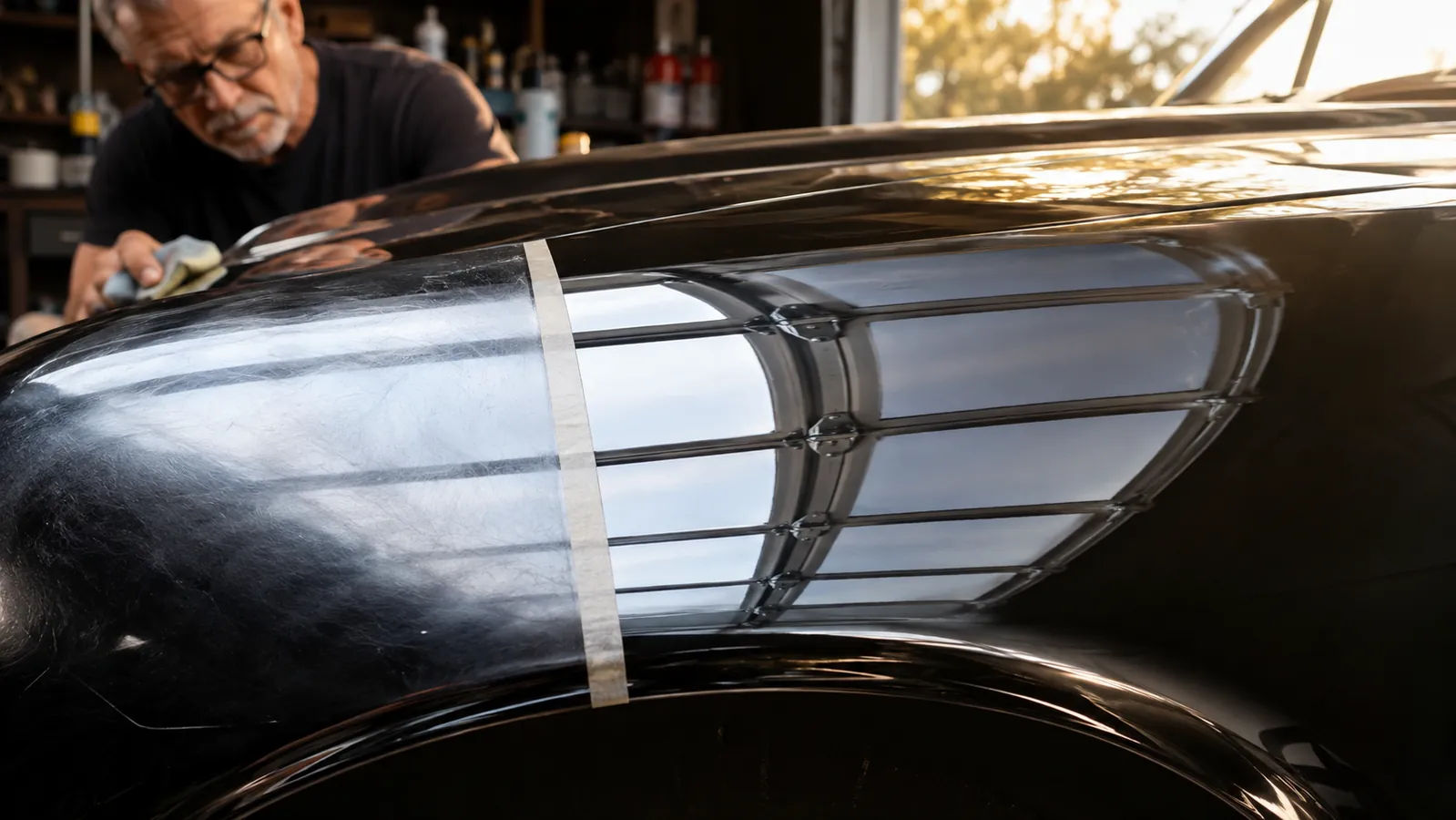 Close-up of a polished dark blue fender showing a reflection of a garage door, clearly defined reflection line between polished and unpolished paint