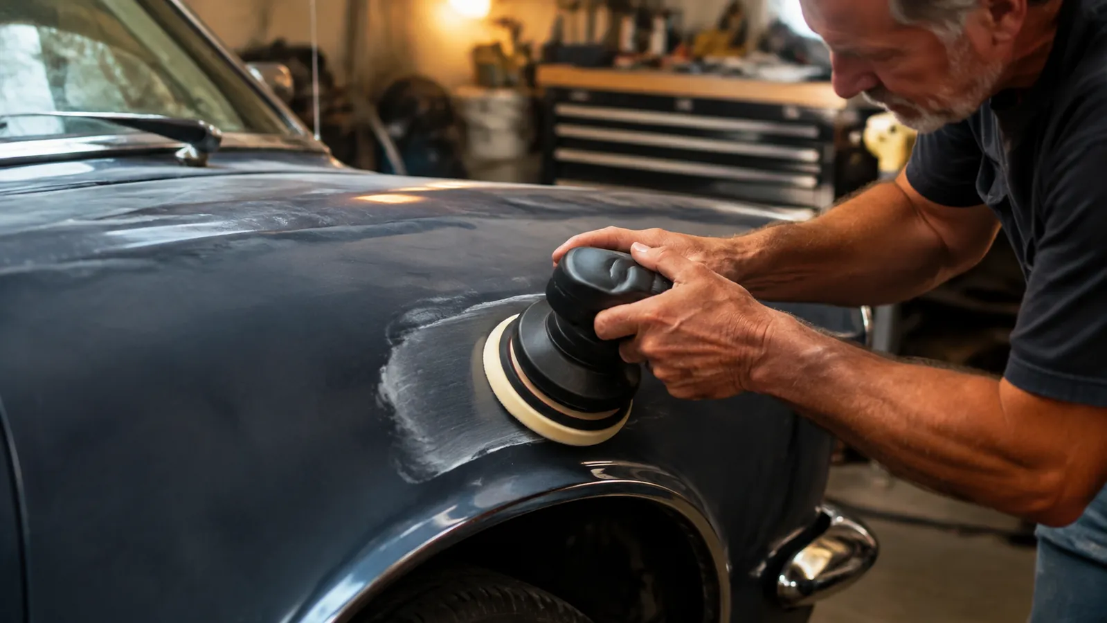 A hand guiding a dual action polisher with a foam pad flat against a faded car fender, a smear of compound residue on the panel, garage setting
