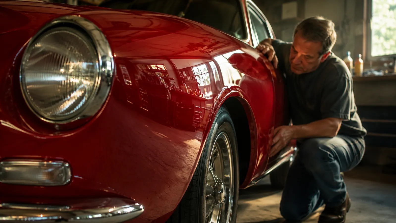 The same classic truck fender after polishing, the red paint glossy and reflecting the garage wall and workbench, warm afternoon light