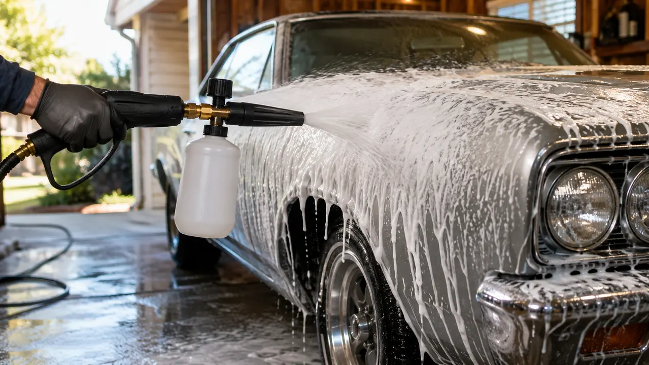 A hand holding a foam cannon lance spraying thick white foam onto the fender of a classic car, suds dripping down the painted metal