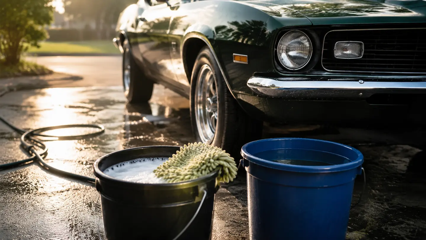 A two-bucket car wash setup on a driveway with a wash mitt sitting in a bucket of suds, late afternoon light