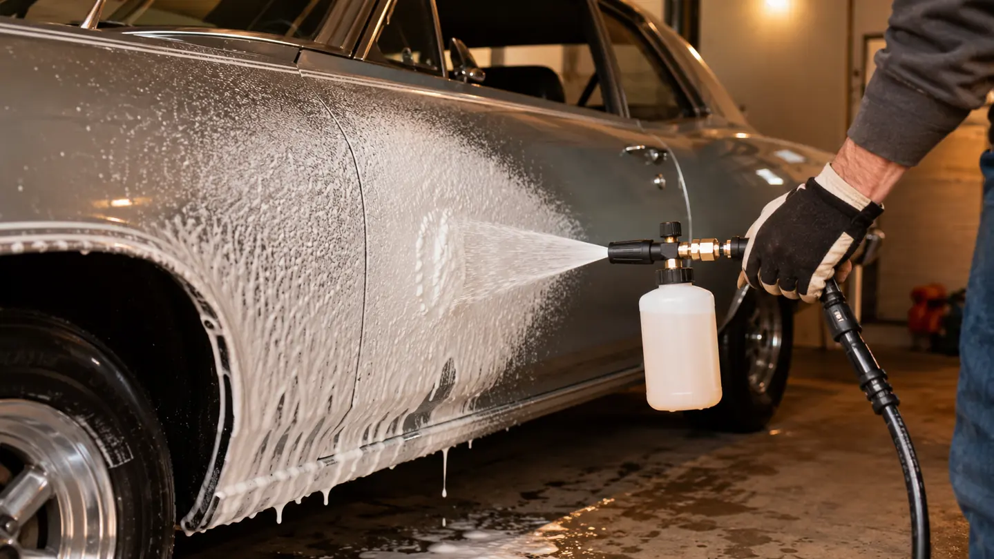 A hand holding a foam cannon lance spraying a heavy layer of white suds onto the door panel of a classic car