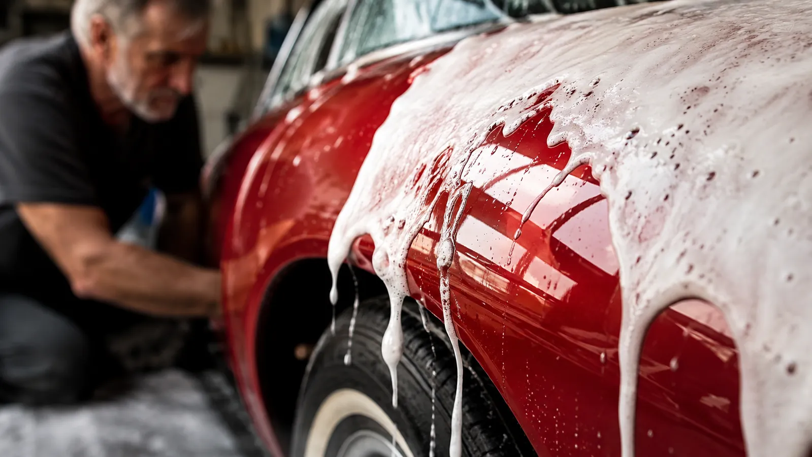 A close view of wet car paint with snow foam running down it, a glossy red reflection visible where the suds have run off