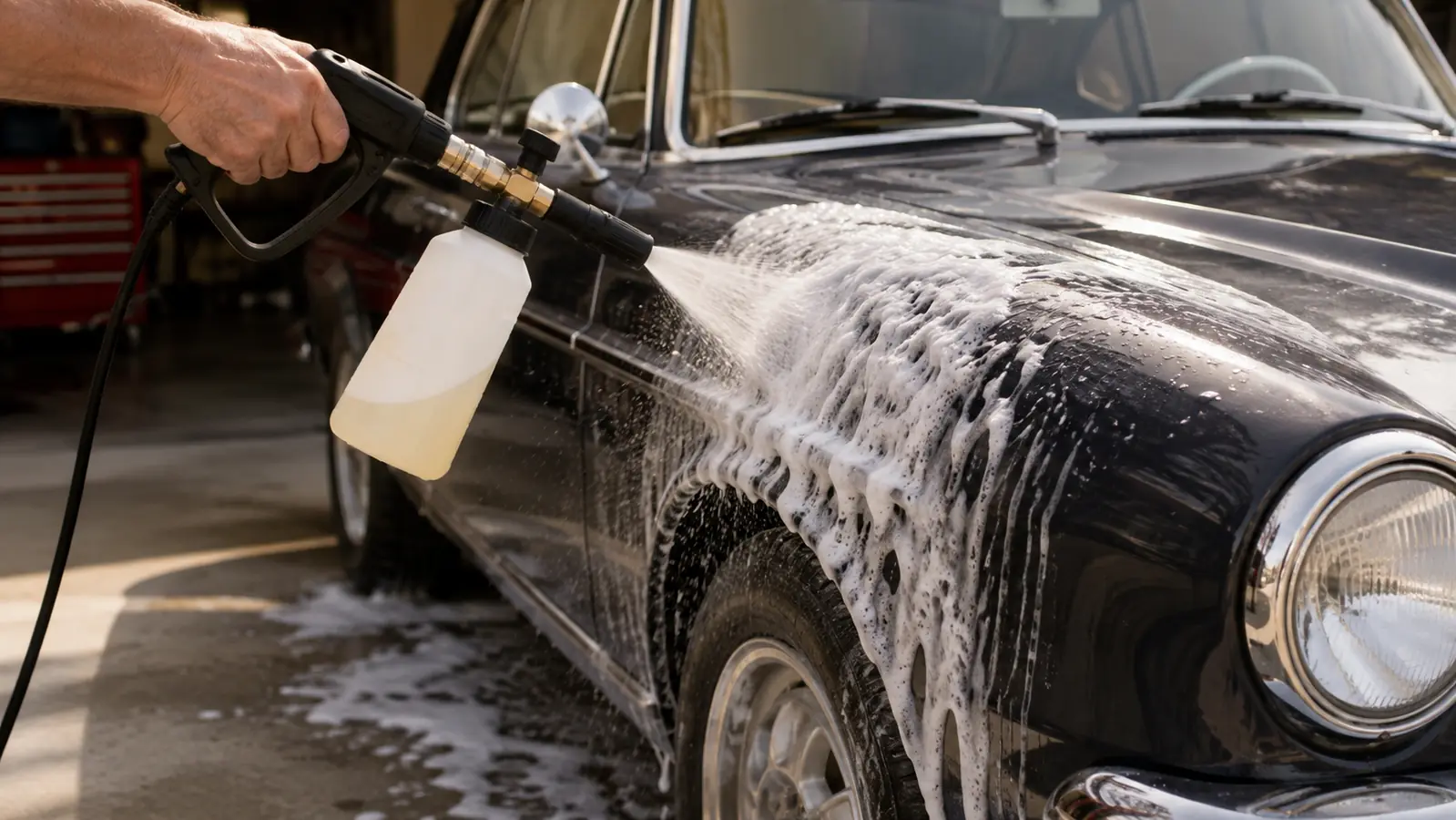 A foam cannon spraying thick white suds onto the fender of a classic car, a hand holding the lance at an angle