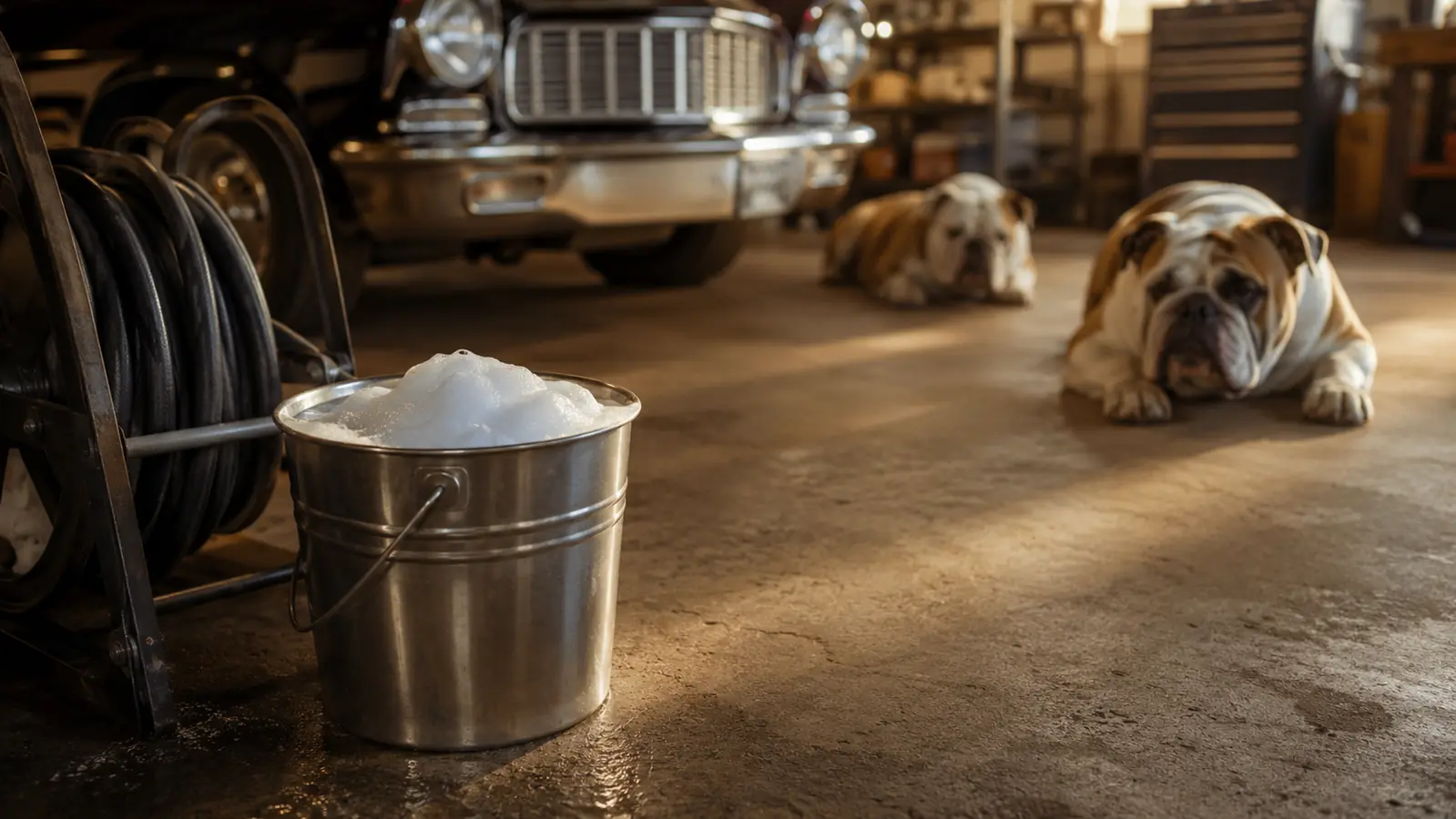 A bucket of thick suds beside a stainless hose reel on a shop floor with two bulldogs lounging in the background
