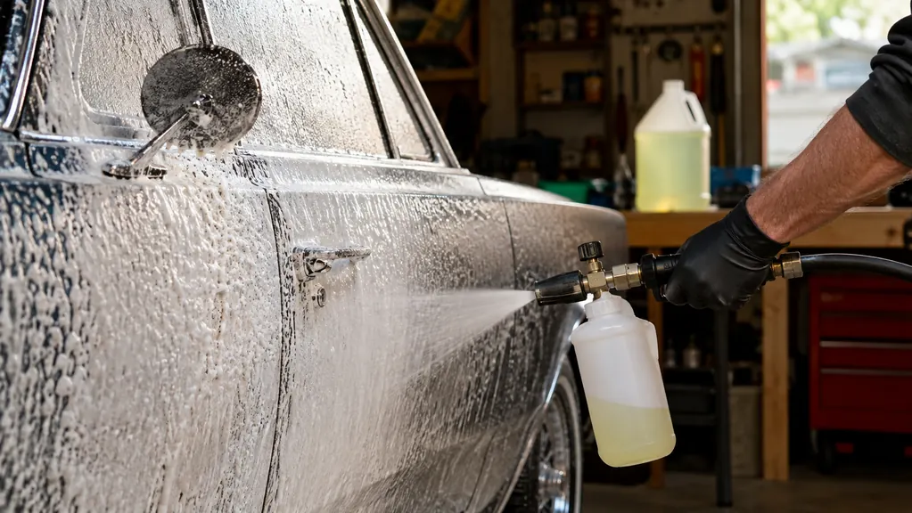 A gloved hand spraying thick white snow foam onto a car door from a foam cannon, with a gallon jug of wash soap standing on a workbench behind.