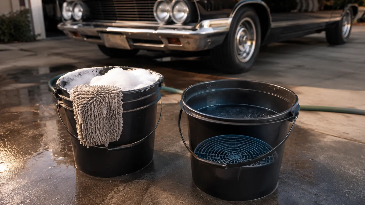 Two wash buckets on a driveway, a chenille wash mitt draped over the edge of the suds bucket and a grit guard visible in the bottom of the rinse bucket.