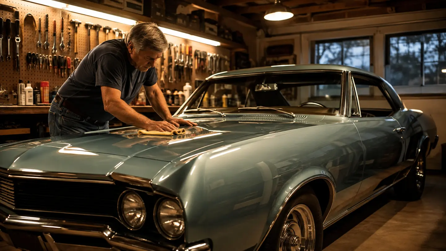 A classic car in a well-lit garage with restoration tools and a DA polisher at hand