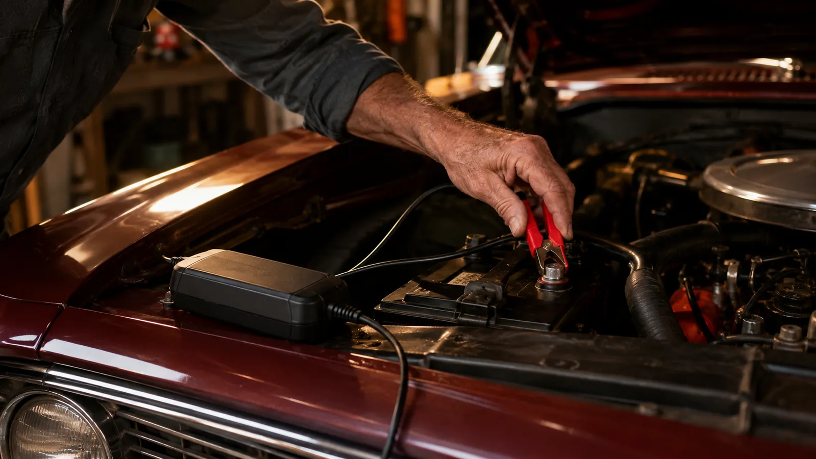 A hand pressing a battery maintainer clamp onto a clean positive battery post in a garage.