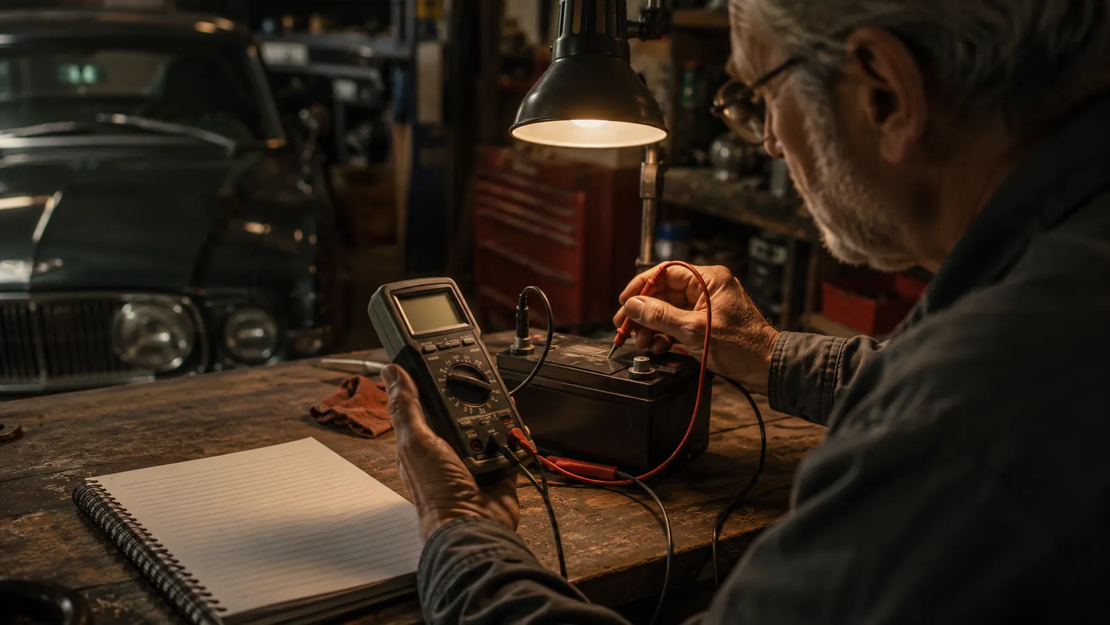 A hand holding a digital multimeter against a battery at a garage workbench, the display showing a reading.