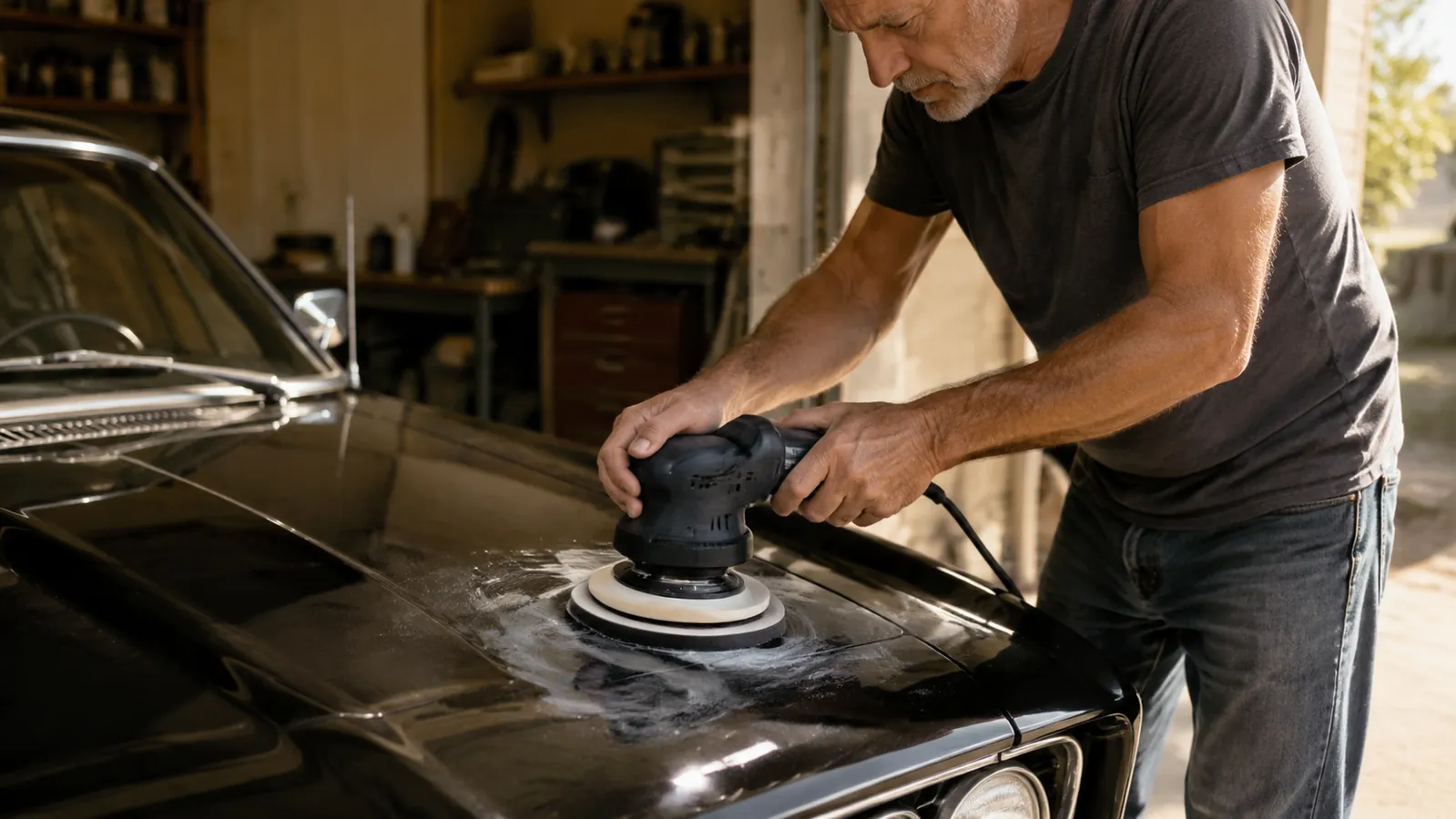 Two hands guiding a dual action polisher across a black hood panel, a foam backing pad flat on the paint, a smear of compound working into a haze