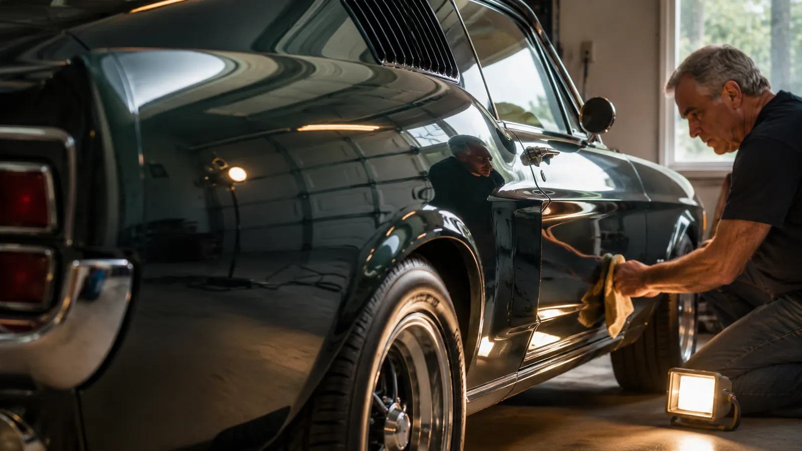 Close view of a freshly polished classic car haunch and rocker panel reflecting the edge of a garage door and a work light, the paint carrying a clean mirror image
