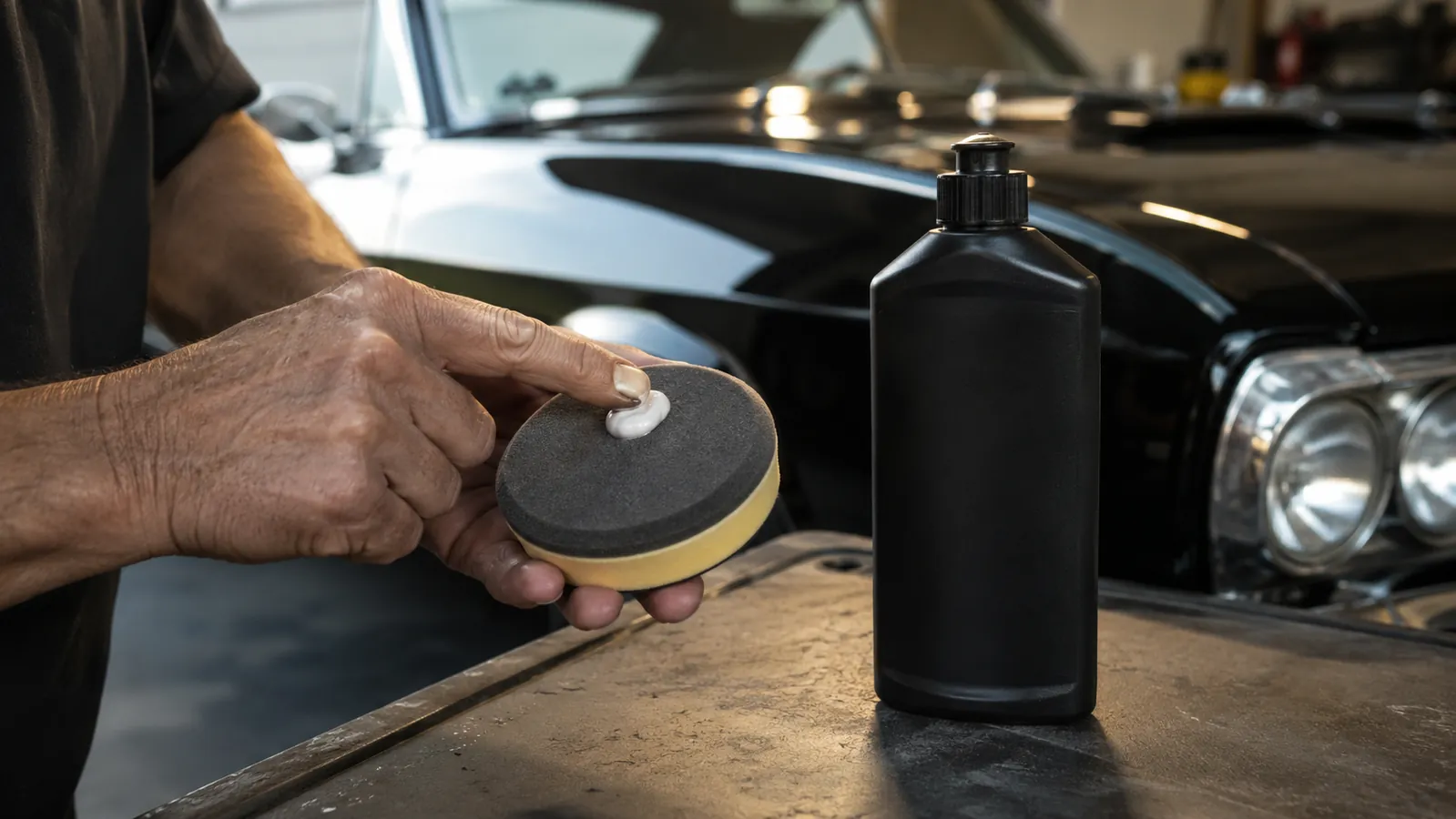 A hand pressing a dab of Ultimate Compound onto a small round foam applicator pad at a garage workbench