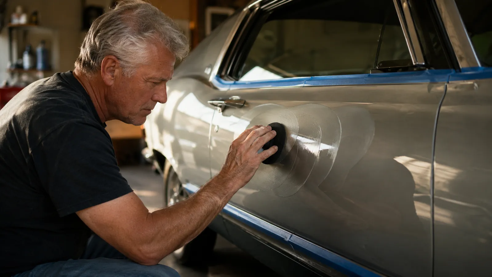 A hand working a foam applicator pad in overlapping circles on a classic car door panel, painter's tape running along the trim