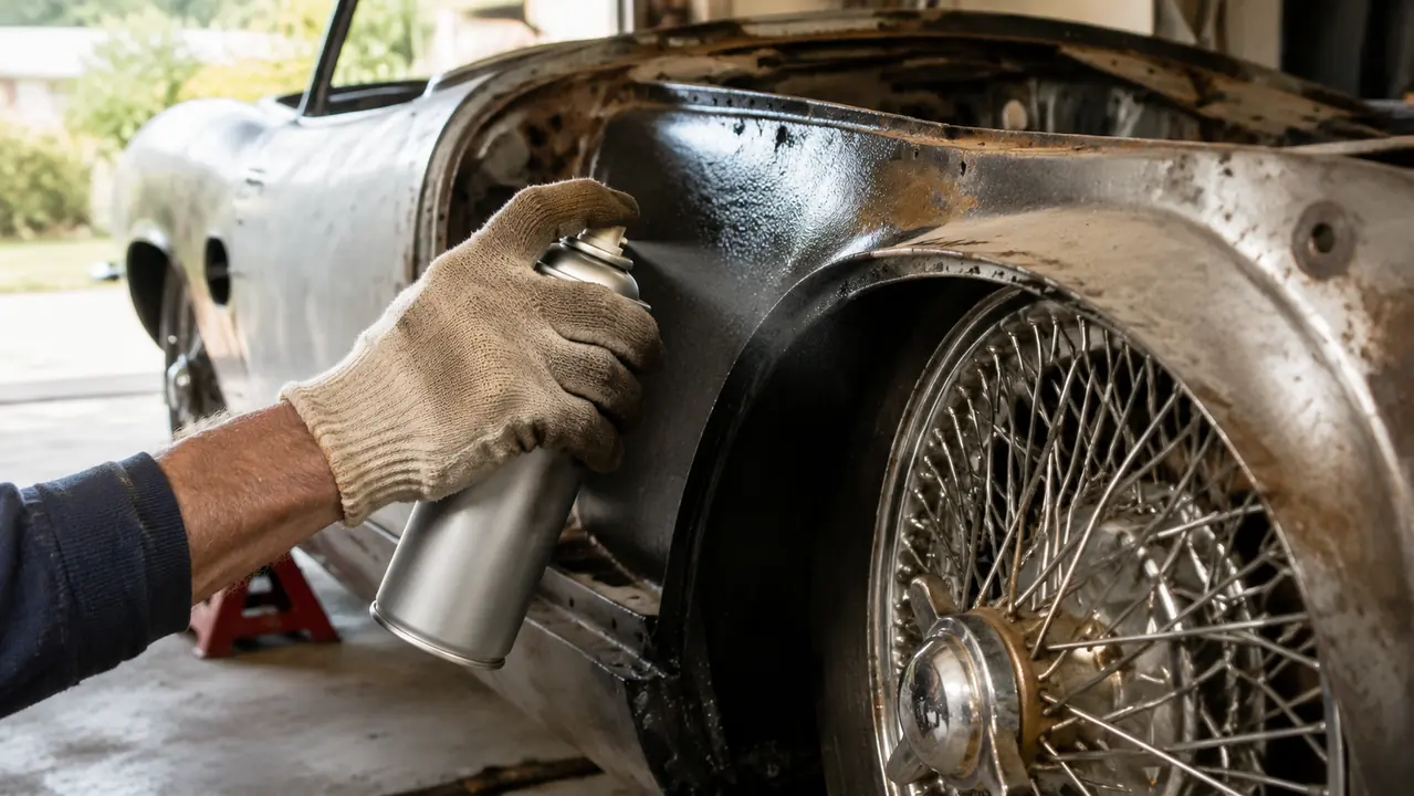 A hand spraying rust treatment onto a wire-wheeled metal section of a classic car in a garage, wearing a work glove