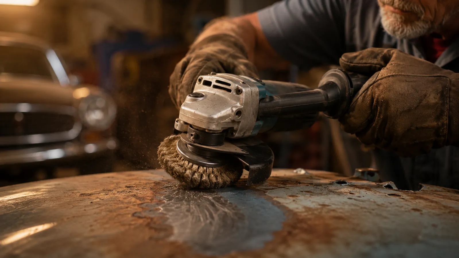 A close view of a wire wheel on an angle grinder cutting rust scale off a metal panel, dust in the air in a garage workshop