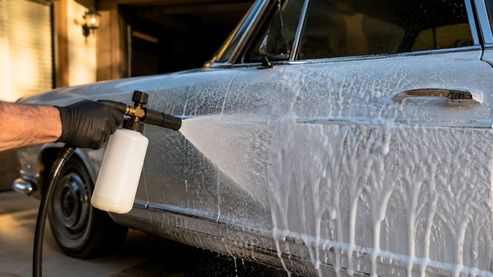 A hand holding a foam cannon spraying thick white suds onto a car door panel