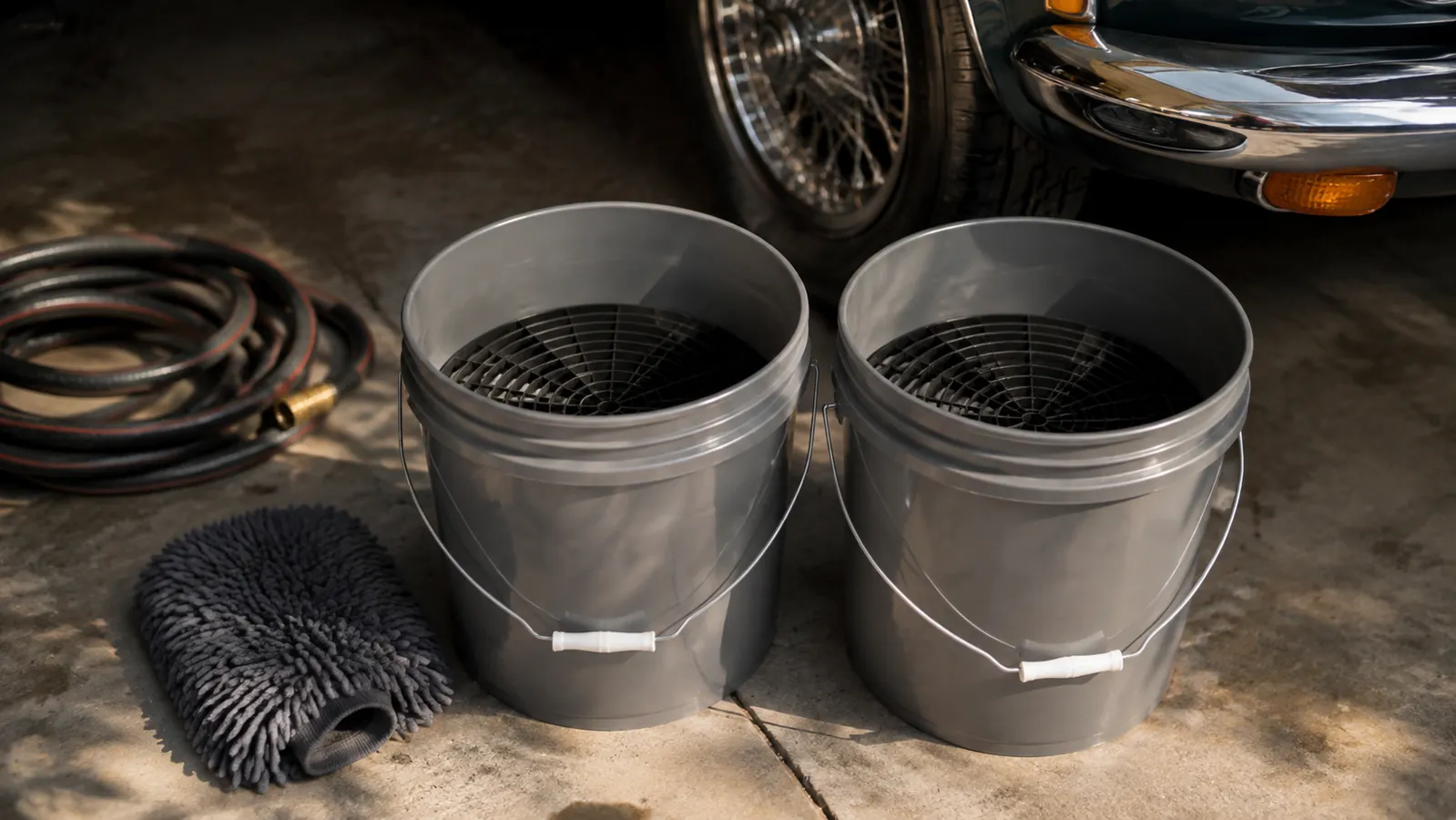 Two wash buckets with grit guards sitting on a driveway beside a soft wash mitt and a hose