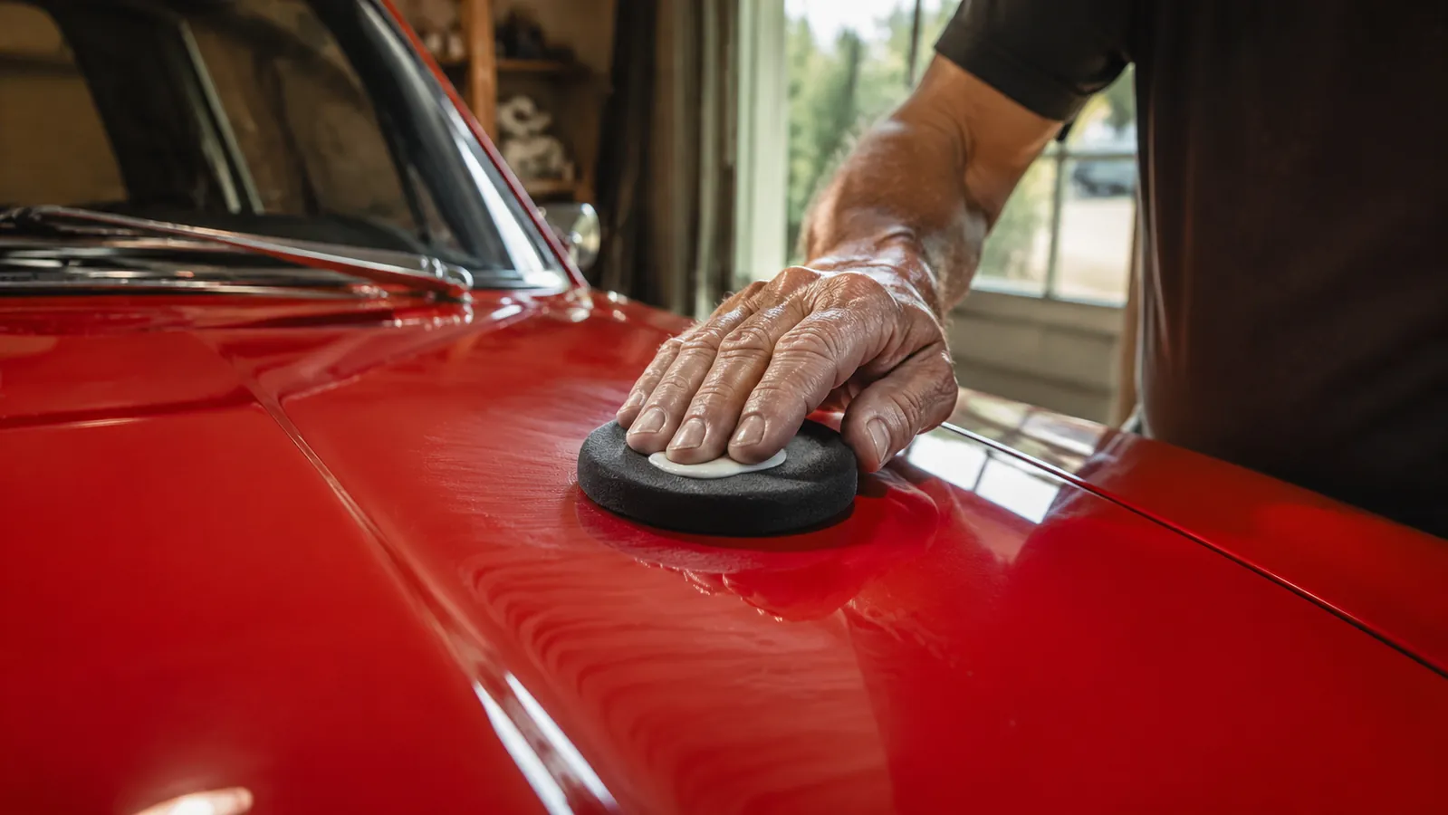 A hand pressing a round foam applicator pad loaded with compound onto a glossy red hood panel in a garage