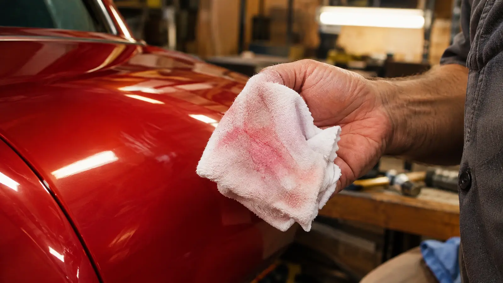 A hand holding a white cotton rag stained pale pink with oxidized paint residue next to a now-glossy red hood panel