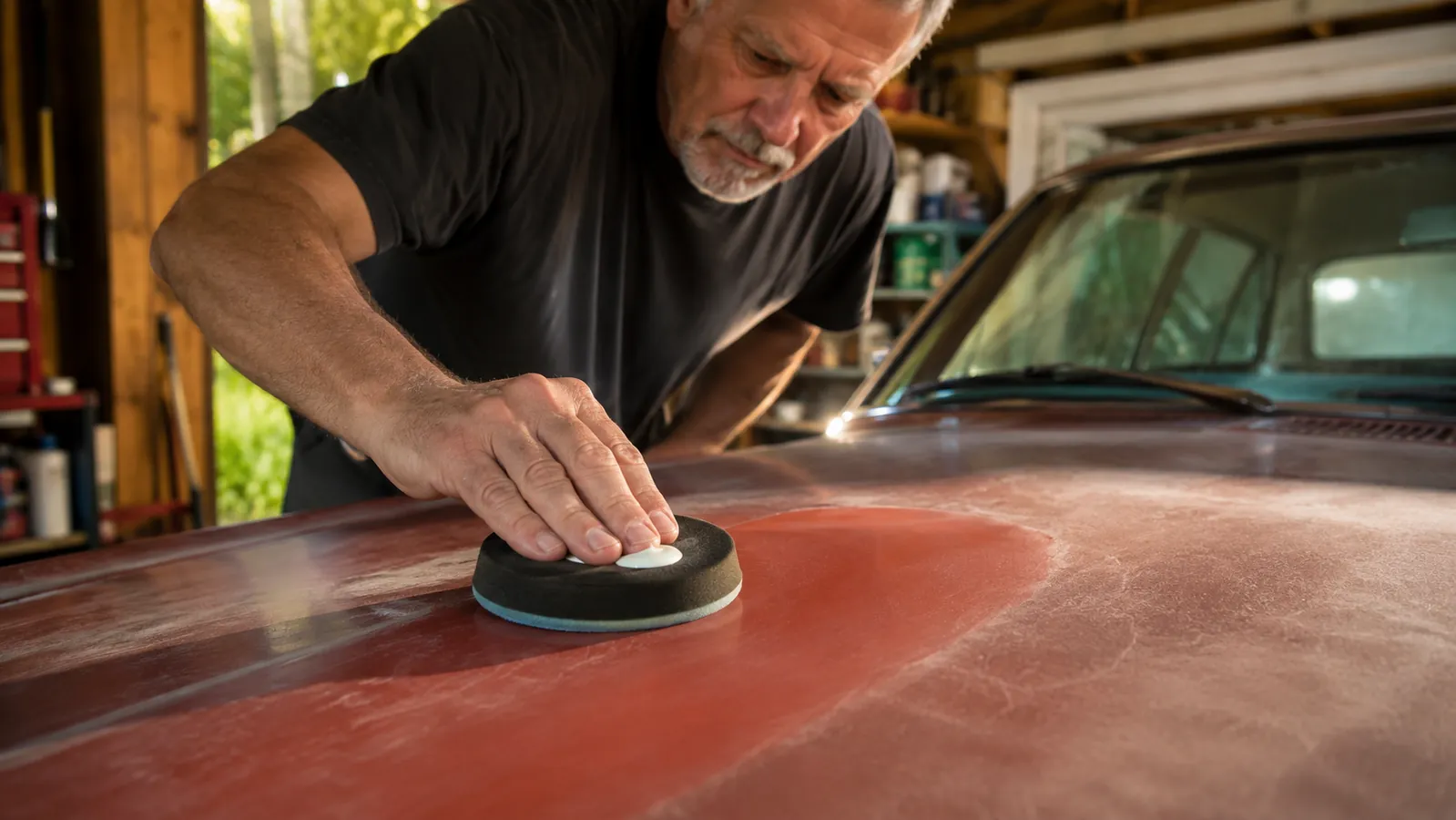 A foam applicator pad carrying a small dab of compound, pressed into a faded car panel