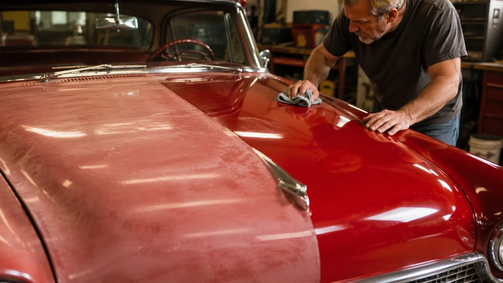 A classic car hood split between a faded chalky pink area on the left and a glossy restored red area on the right