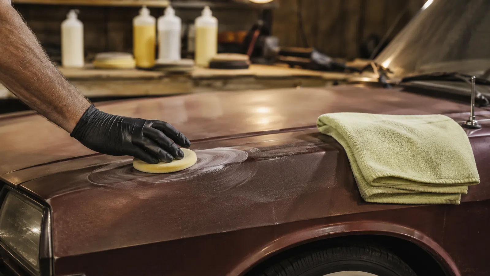 A gloved hand pressing a round foam applicator pad loaded with compound onto a faded car fender in a garage