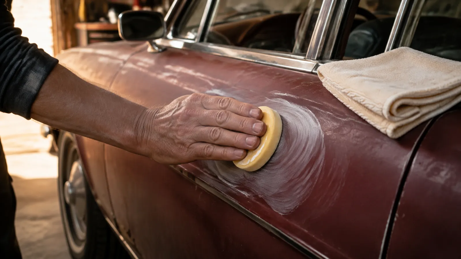A hand working a round foam applicator pad loaded with compound in small circles on a classic car door