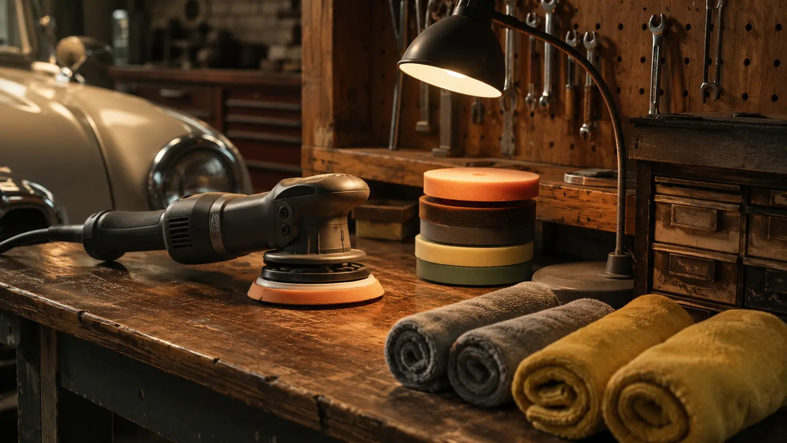 A wooden detail bench in a restoration garage with a dual-action polisher, foam pads, rolled microfiber towels and a work lamp