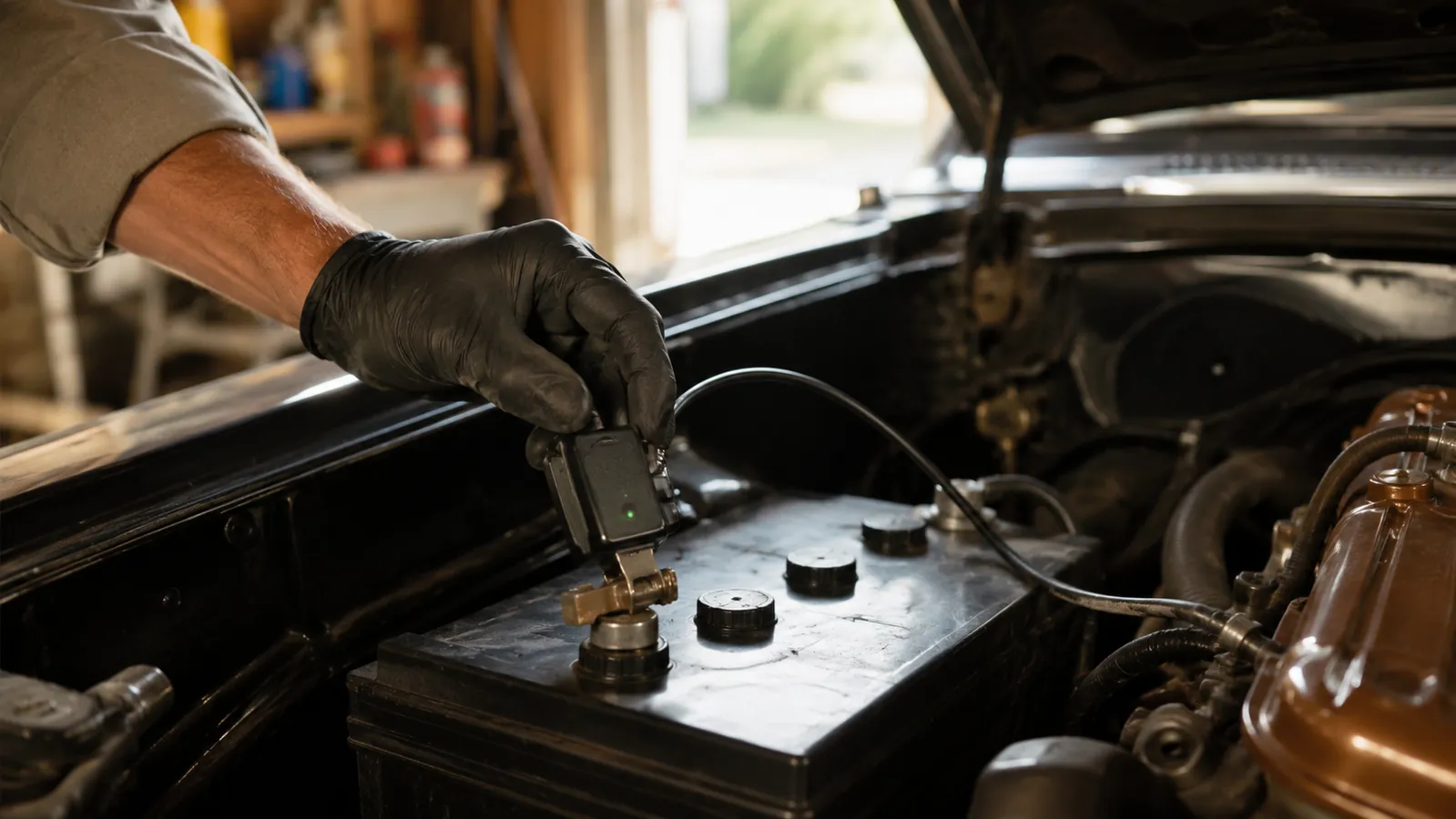 A hand attaching the small smart charger clamp to a classic car battery terminal under the open hood
