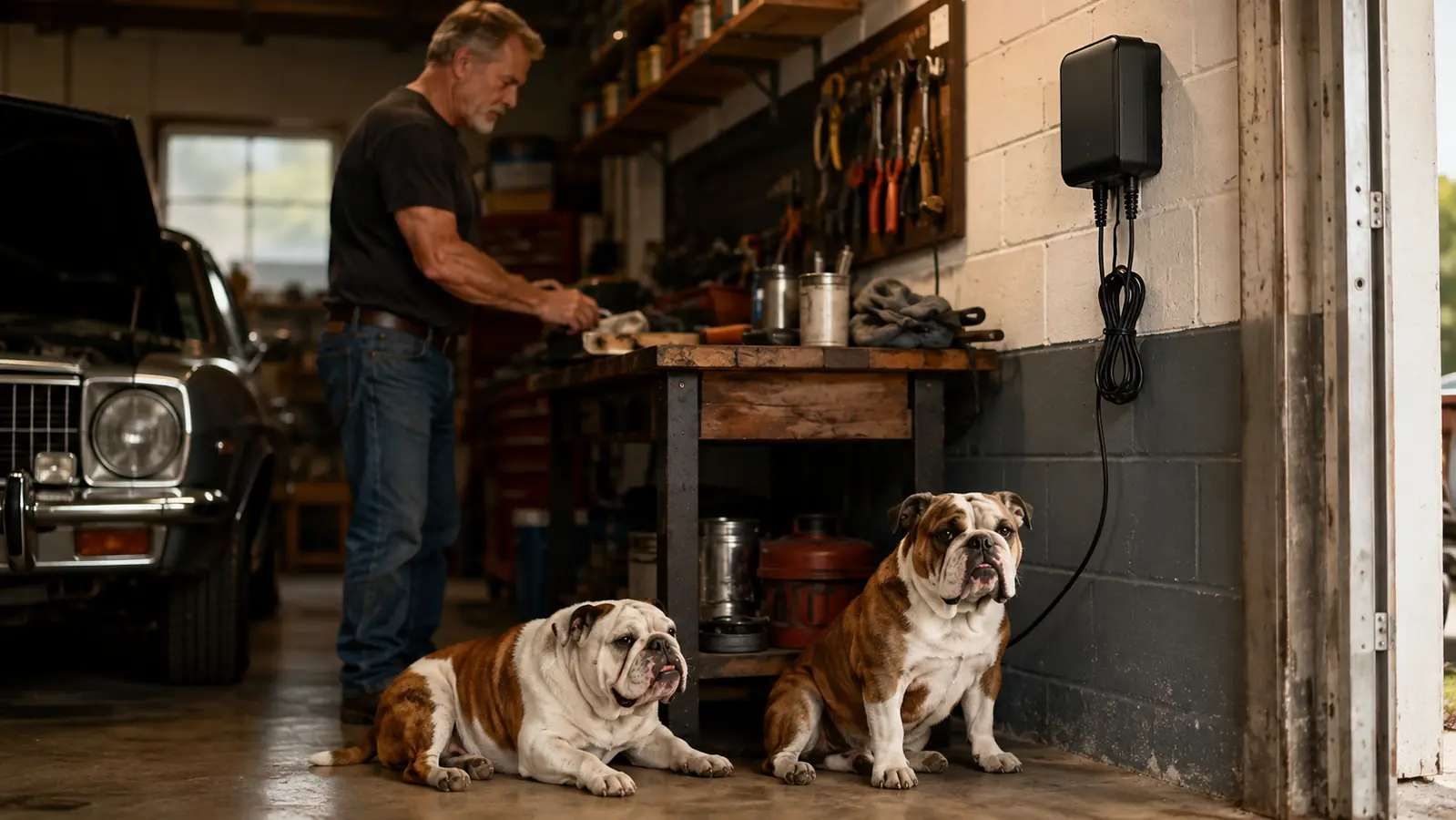 A small battery charger mounted on a painted garage wall above a workbench, power cable coiled neatly, two bulldogs resting on the concrete floor nearby