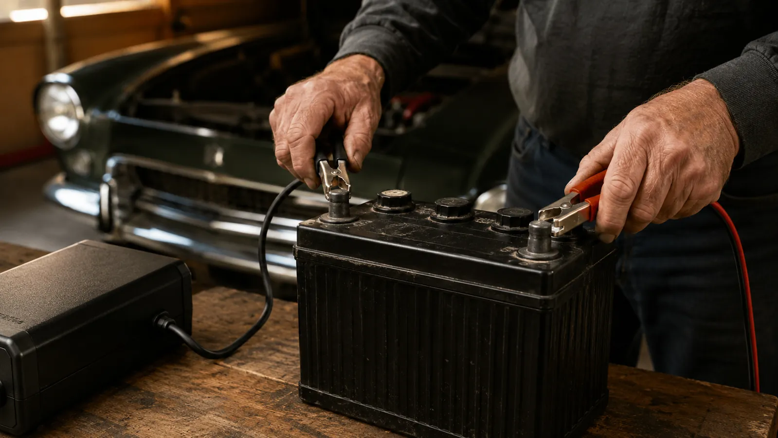 Hands clipping charger clamps onto the posts of a six-volt car battery sitting on a wooden garage workbench