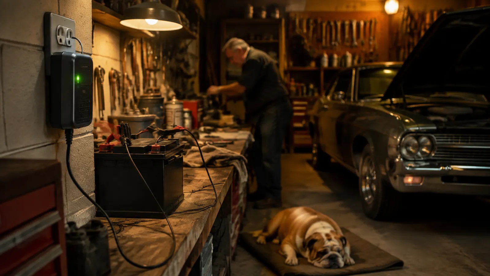 A small battery charger plugged into a garage outlet above a cluttered workbench, its indicator light glowing, a bulldog asleep on a shop mat in the foreground