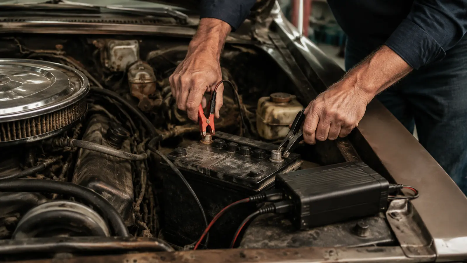 A pair of hands attaching red and black charger clamps to a battery in a classic car engine bay