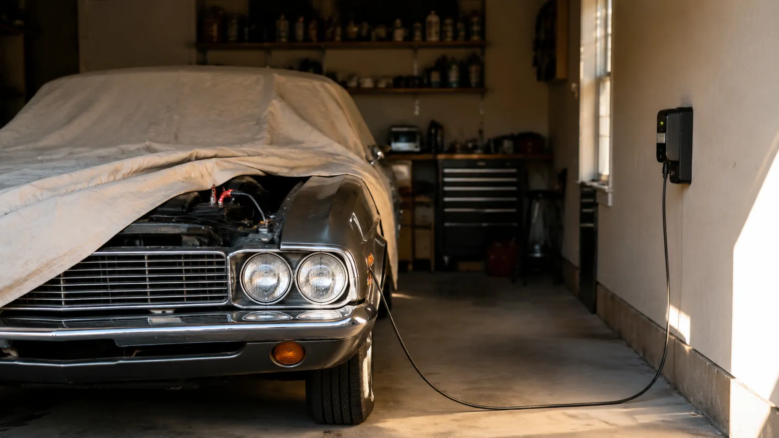 A cared-for classic car parked in a garage bay with a maintainer lead running from the battery to a small charger on the wall